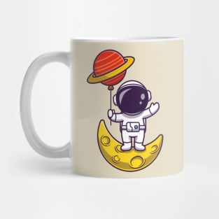 Cute Astronaut Standing On Moon And Holding Planet  Balloon Cartoon Mug